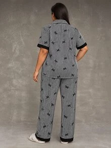 Esseday Plus Size Color Block Ruffle Collar Bow Striped Short Sleeve PJS, Bow Tie PJS, Black Bow Tie Striped Print - Black - View 3