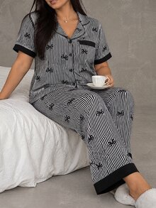 Esseday Plus Size Color Block Ruffle Collar Bow Striped Short Sleeve PJS, Bow Tie PJS, Black Bow Tie Striped Print - Black - View 5