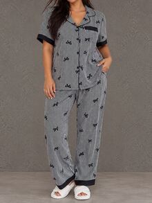 Esseday Plus Size Color Block Ruffle Collar Bow Striped Short Sleeve PJS, Bow Tie PJS, Black Bow Tie Striped Print - Black - View 4