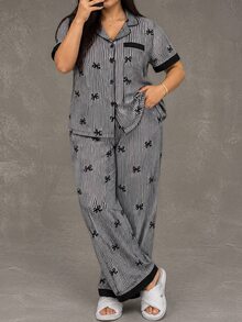 Esseday Plus Size Color Block Ruffle Collar Bow Striped Short Sleeve PJS, Bow Tie PJS, Black Bow Tie Striped Print - Black - View 6