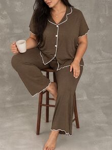 Esseday Plus Size Women's Brown Ruffle Trim Super Soft Draping Lightweight Floral Chiffon Knit Fabric Classic Loose Turndown Open Front Short Sleeve Pants - Brown - View 6