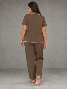 Esseday Plus Size Women's Brown Ruffle Trim Super Soft Draping Lightweight Floral Chiffon Knit Fabric Classic Loose Turndown Open Front Short Sleeve Pants - Brown - View 5