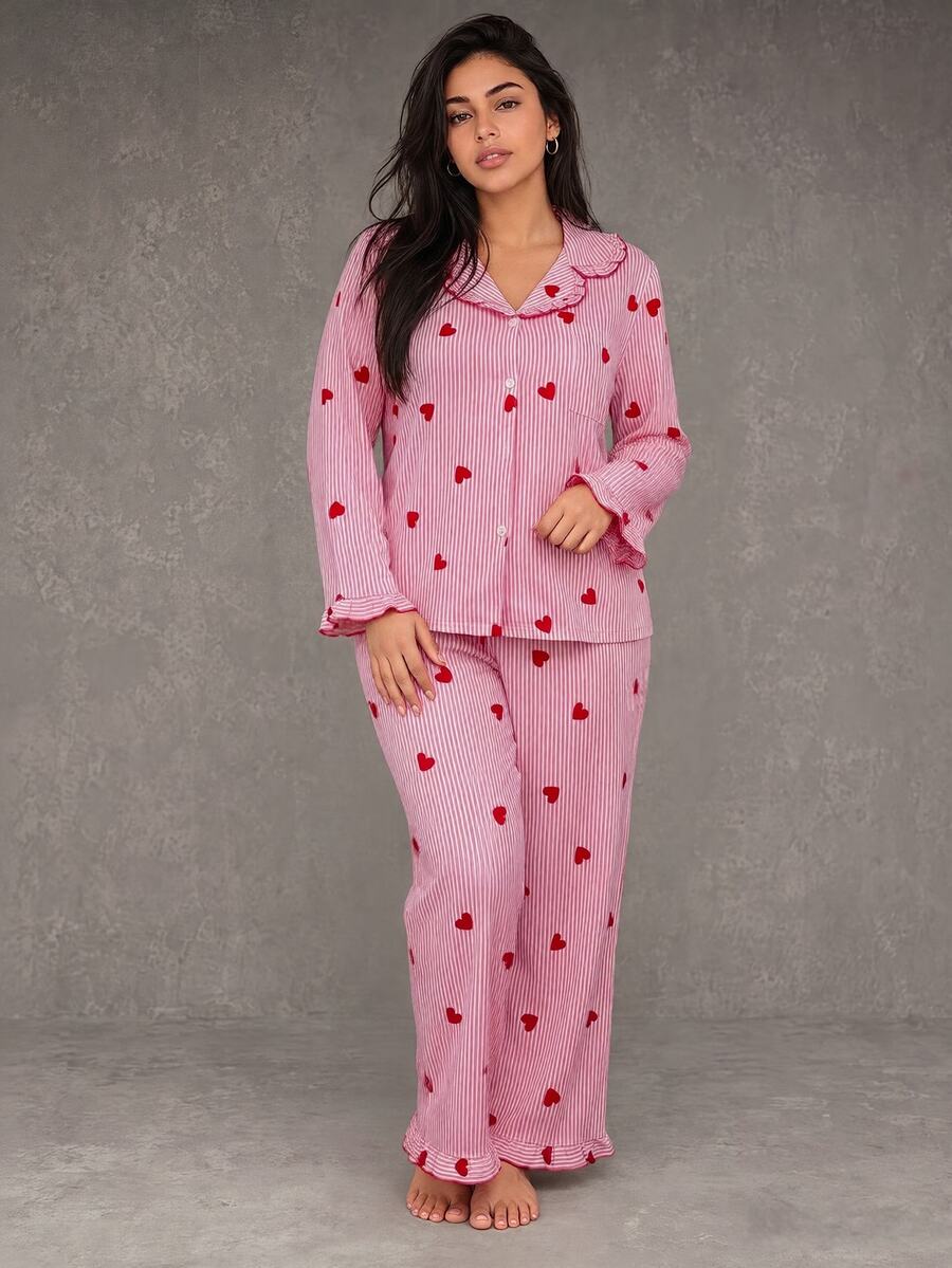 Esseday Plus Size Women Mushroom Collar Striped Heart Print Pajama Set, Fall & Winter Clothes - Multicolor - View 1