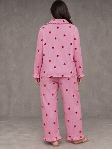 Esseday Plus Size Women Mushroom Collar Striped Heart Print Pajama Set, Fall & Winter Clothes - Multicolor - View 4