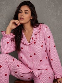 Esseday Plus Size Women Mushroom Collar Striped Heart Print Pajama Set, Fall & Winter Clothes - Multicolor - View 2