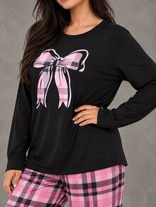 Esseday Plus Size Women Plaid Bow Print Casual Long Sleeve Pajama Set, Winter Clothes - Pink - View 4