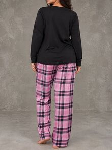 Esseday Plus Size Women Plaid Bow Print Casual Long Sleeve Pajama Set, Winter Clothes - Pink - View 2