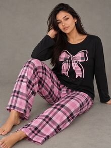 Esseday Plus Size Women Plaid Bow Print Casual Long Sleeve Pajama Set, Winter Clothes - Pink - View 1