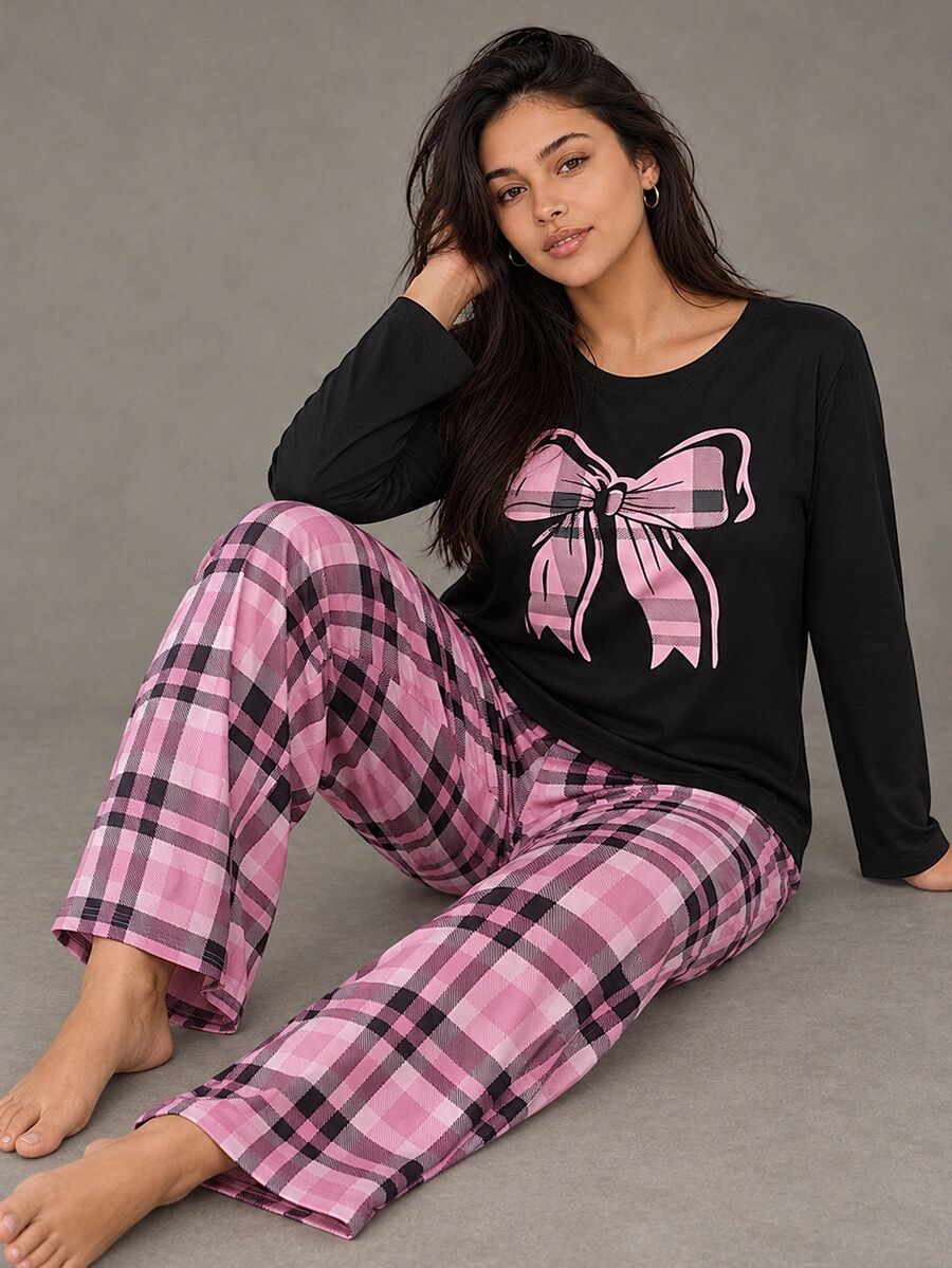 Esseday Plus Size Women Plaid Bow Print Casual Long Sleeve Pajama Set, Winter Clothes - Pink - View 1