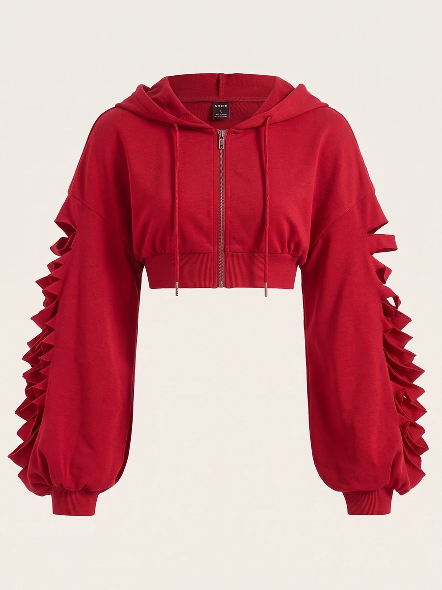 SHEIN EZwear 大尺碼女款純色鏤空休閒百搭運動衫 - 酒紅色 - 查看 1