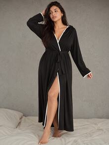 Esseday Soft Knit Floral Gauze Casual Hooded Loungewear Plus Size Robe, Fall & Winter, Cozy Outfit - Black - View 6