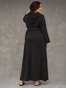 Esseday Soft Knit Floral Gauze Casual Hooded Loungewear Plus Size Robe, Fall & Winter, Cozy Outfit - Black - View 2