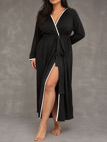 Esseday Soft Knit Floral Gauze Casual Hooded Loungewear Plus Size Robe, Fall & Winter, Cozy Outfit - Black - View 4