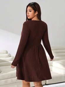 Solflare Plus Size Women's Coffee Brown Solid Color Round Neck Dress For Autumn/Winter, Suitable For Dates, Vacations, Parties, Daily Outings, Gatherings, Outdoor Activities - Coffee Brown - View 2