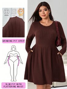Solflare Plus Size Women's Coffee Brown Solid Color Round Neck Dress For Autumn/Winter, Suitable For Dates, Vacations, Parties, Daily Outings, Gatherings, Outdoor Activities - Coffee Brown - View 1
