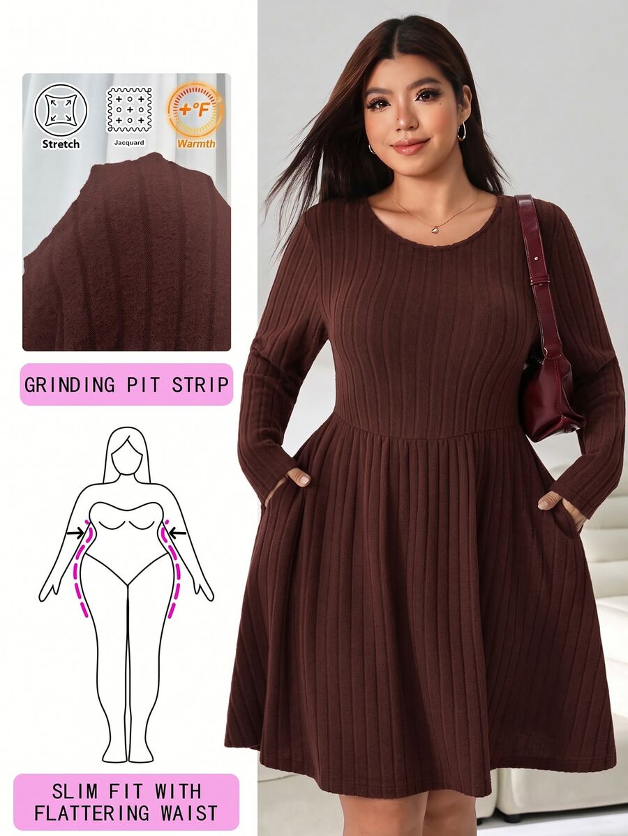 Solflare Plus Size Women's Coffee Brown Solid Color Round Neck Dress For Autumn/Winter, Suitable For Dates, Vacations, Parties, Daily Outings, Gatherings, Outdoor Activities - Coffee Brown - View 1