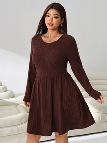 Solflare Plus Size Women's Coffee Brown Solid Color Round Neck Dress For Autumn/Winter, Suitable For Dates, Vacations, Parties, Daily Outings, Gatherings, Outdoor Activities - Coffee Brown - View 6