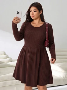 Solflare Plus Size Women's Coffee Brown Solid Color Round Neck Dress For Autumn/Winter, Suitable For Dates, Vacations, Parties, Daily Outings, Gatherings, Outdoor Activities - Coffee Brown - View 7