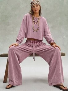 Bohemela Casual Boho Solid Color Knit Sweatshirt Wide Leg Pants Women's 2 Pieces Set Everyday Travel Dusty Mauve Autumn - Red Violet - View 5