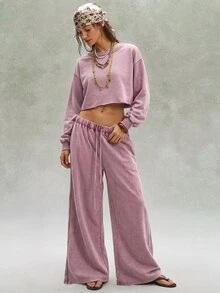 Bohemela Casual Boho Solid Color Knit Sweatshirt Wide Leg Pants Women's 2 Pieces Set Everyday Travel Dusty Mauve Autumn - Red Violet - View 4