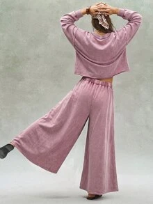 Bohemela Casual Boho Solid Color Knit Sweatshirt Wide Leg Pants Women's 2 Pieces Set Everyday Travel Dusty Mauve Autumn - Red Violet - View 7