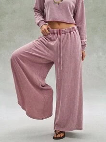 Bohemela Casual Boho Solid Color Knit Sweatshirt Wide Leg Pants Women's 2 Pieces Set Everyday Travel Dusty Mauve Autumn - Red Violet - View 3