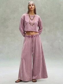 Bohemela Casual Boho Solid Color Knit Sweatshirt Wide Leg Pants Women's 2 Pieces Set Everyday Travel Dusty Mauve Autumn - Red Violet - View 6