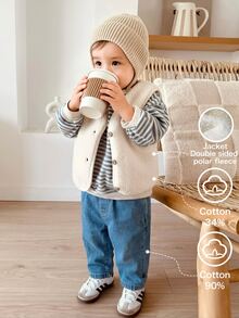 3PS Baby Boy Casual Minimalist Loose Comfortable Knitted Soft Fleece Vest Sweatshirt Denim Jeans 3 Pieces Set Suitable For Autumn/Winter - Blue and White - View 1
