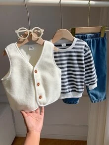 3PS Baby Boy Casual Minimalist Loose Comfortable Knitted Soft Fleece Vest Sweatshirt Denim Jeans 3 Pieces Set Suitable For Autumn/Winter - Blue and White - View 4