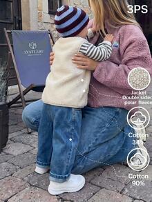 3PS Baby Boy Casual Minimalist Loose Comfortable Knitted Soft Fleece Vest Sweatshirt Denim Jeans 3 Pieces Set Suitable For Autumn/Winter - Blue and White - View 5