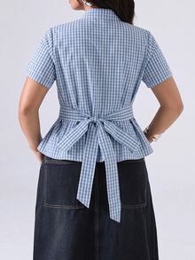 LYSMO Plus Size Women's Plaid Casual Daily Wear Shirt - Blue and White - View 2