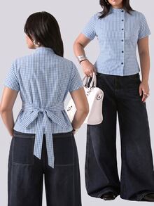 LYSMO Plus Size Women's Plaid Casual Daily Wear Shirt - Blue and White - View 1