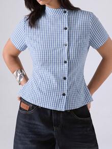 LYSMO Plus Size Women's Plaid Casual Daily Wear Shirt - Blue and White - View 5