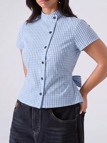 LYSMO Plus Size Women's Plaid Casual Daily Wear Shirt - Blue and White - View 8