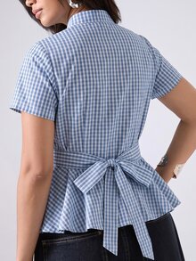 LYSMO Plus Size Women's Plaid Casual Daily Wear Shirt - Blue and White - View 7