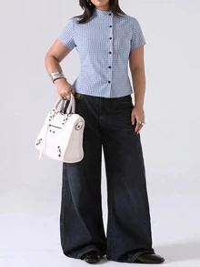 LYSMO Plus Size Women's Plaid Casual Daily Wear Shirt - Blue and White - View 4