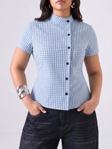 LYSMO Plus Size Women's Plaid Casual Daily Wear Shirt - Blue and White - View 3