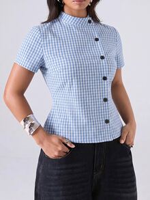 LYSMO Plus Size Women's Plaid Casual Daily Wear Shirt - Blue and White - View 6