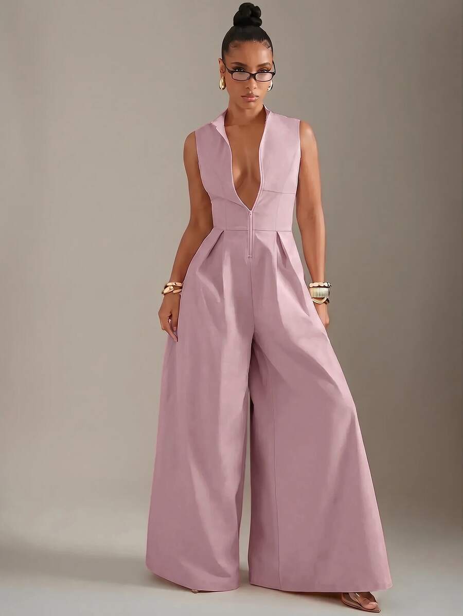 Hauture Extreme Wide Leg Zip Front Sleeveless Jumpsuit - Pink - View 1