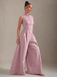Hauture Extreme Wide Leg Zip Front Sleeveless Jumpsuit - Pink - View 4