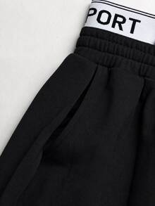 SHEIN 青少年女孩黑色長款運動褲，彈性腰頭拼接設計，休閒寬鬆運動香蕉褲，時尚秋季日常穿搭 - 黑色 - 查看 7