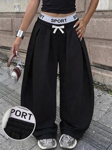 SHEIN 青少年女孩黑色長款運動褲，彈性腰頭拼接設計，休閒寬鬆運動香蕉褲，時尚秋季日常穿搭 - 黑色 - 查看 1