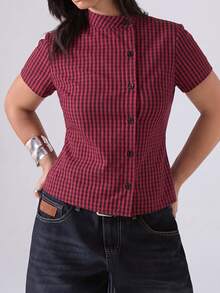 LYSMO Plus Size Women's Plaid Short Sleeve Single-Breasted Shirt With Back Waist Tie - Burgundy - View 3