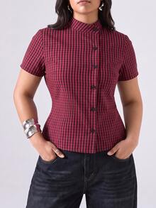 LYSMO Plus Size Women's Plaid Short Sleeve Single-Breasted Shirt With Back Waist Tie - Burgundy - View 6