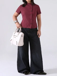 LYSMO Plus Size Women's Plaid Short Sleeve Single-Breasted Shirt With Back Waist Tie - Burgundy - View 5