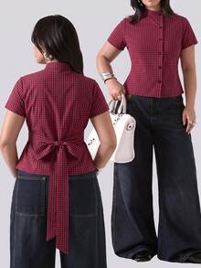 LYSMO Plus Size Women's Plaid Short Sleeve Single-Breasted Shirt With Back Waist Tie - Burgundy - View 1
