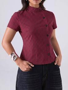 LYSMO Plus Size Women's Plaid Short Sleeve Single-Breasted Shirt With Back Waist Tie - Burgundy - View 7