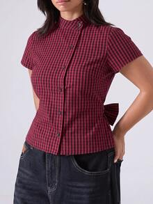 LYSMO Plus Size Women's Plaid Short Sleeve Single-Breasted Shirt With Back Waist Tie - Burgundy - View 8