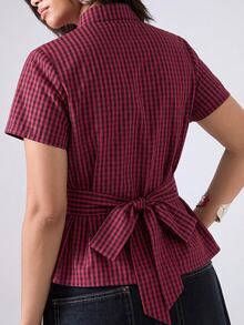 LYSMO Plus Size Women's Plaid Short Sleeve Single-Breasted Shirt With Back Waist Tie - Burgundy - View 4