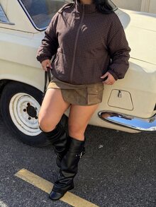 Muchica 女款大尺碼格紋休閒拉鍊外套 秋季 - 棕色 - 查看 7